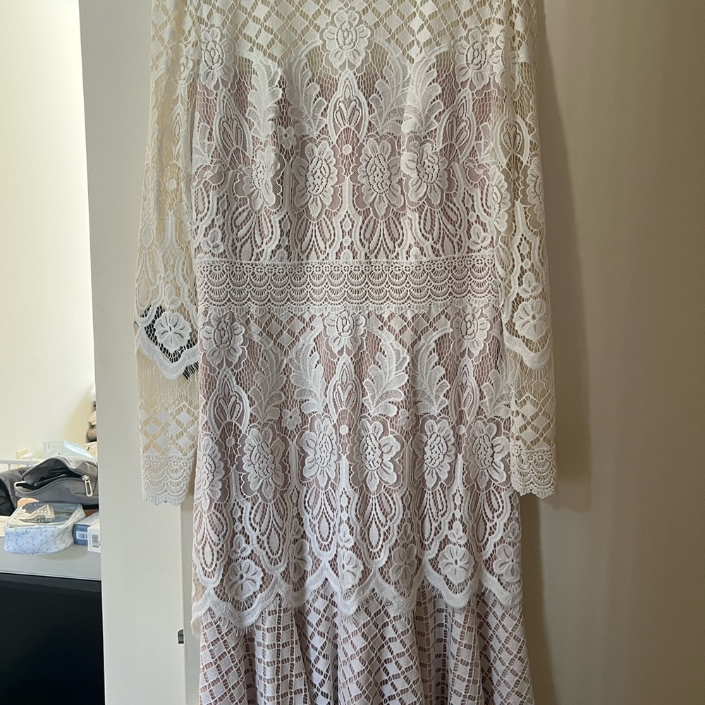 Tadashi Shoji Illusion Lace Long-Sleeve A-Line Dress in Ivory Petal